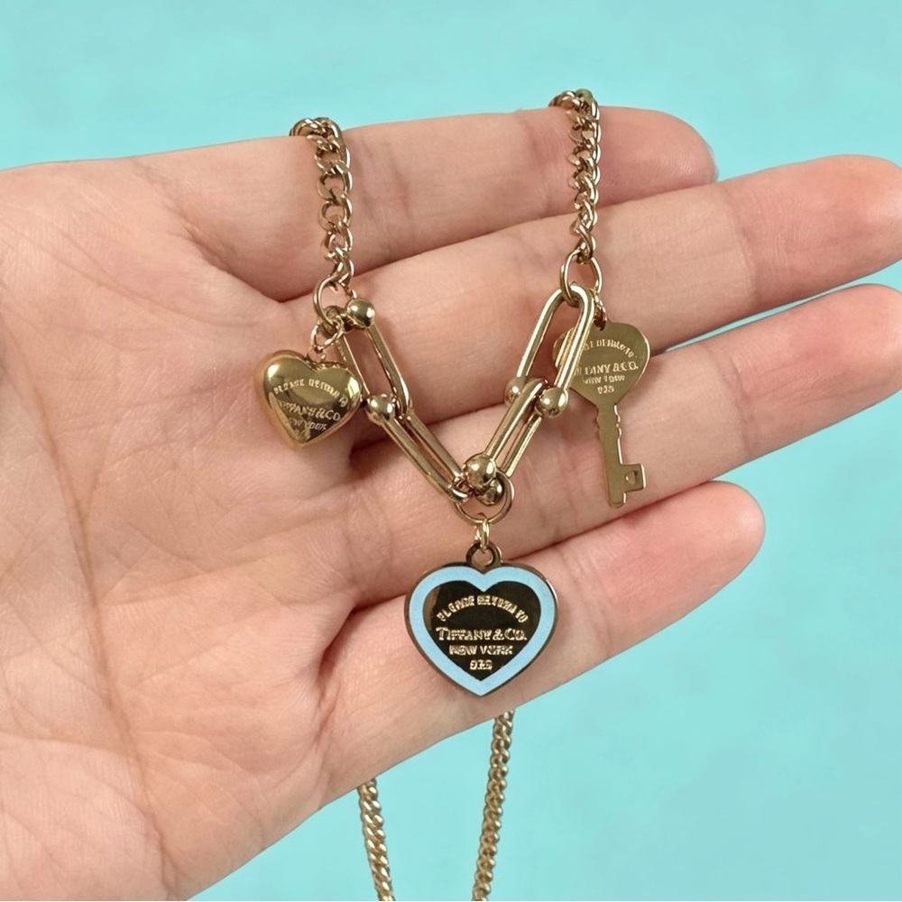 Tiffany & Co. Gold Necklace with Light Blue Enamel Heart Tag and Key Charms